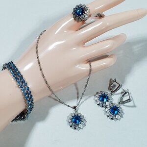Sky Blue Flower Necklace, Earring's, Ring & Bracelet